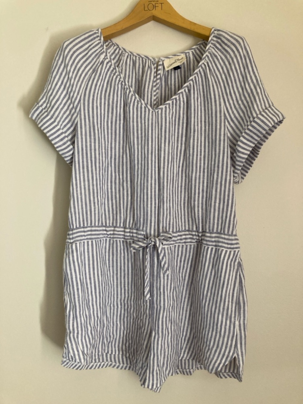 Universal Thread Blue & White Striped Linen Blend V-Neck Romper